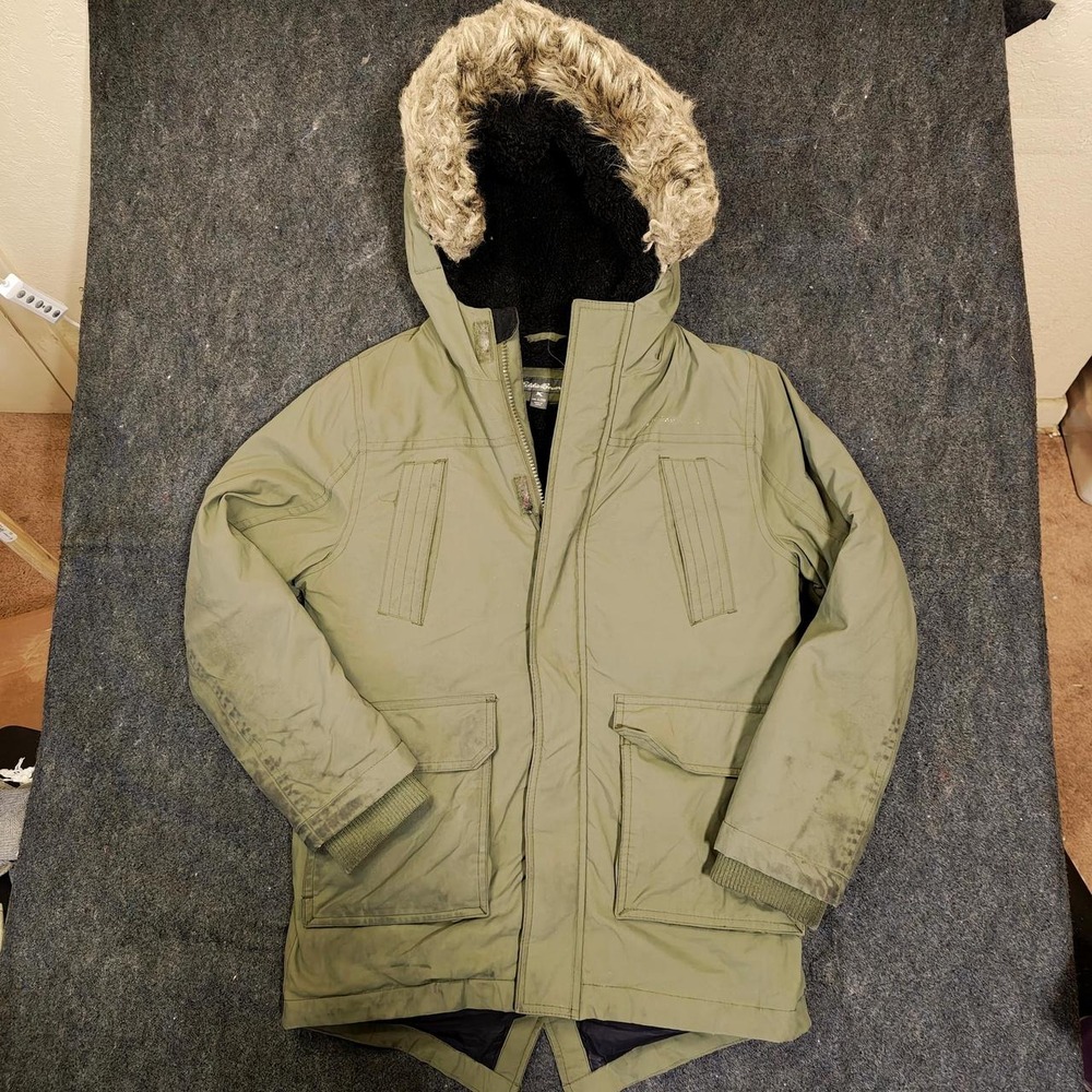 Eddie Bauer Green Faux Fur Lined Hooded Winter Parka Jacket Boys Size S 7/8